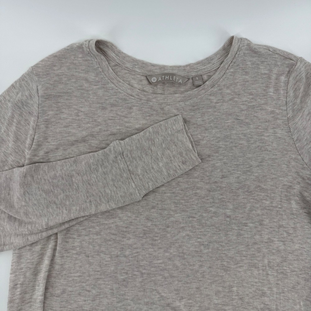 Athleta Womens Small Beige Ribbed Modal Blend Long Sleeve Crew Neck Top 54023